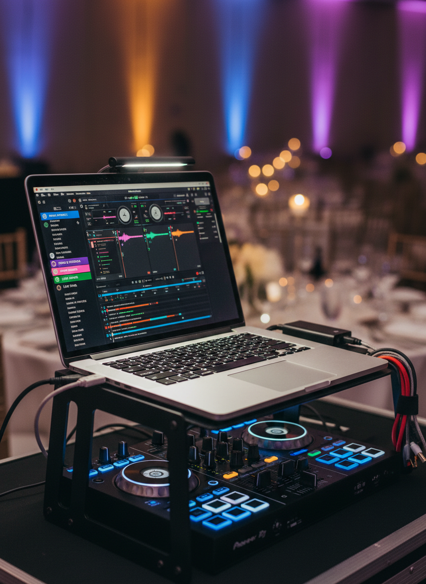 A close-up of a professional DJ laptop screen displaying a clean, modern DJ software interface with carefully organized playlists labeled for wedding reception moments such as “First Dance,” “Grand Entrance,” and “Last Song.” The laptop rests on a matte black stand above a compact mixer, with neatly labeled cables and a solid-state drive beside it. The setting is a dimly lit reception space with colorful uplights reflecting softly off nearby glassware, all intentionally out of focus. Soft, directional LED lighting illuminates the laptop keys and controls. Photographic realism, shallow depth of field, captured at a three-quarter angle, creating a focused, intentional, and detail-oriented atmosphere.