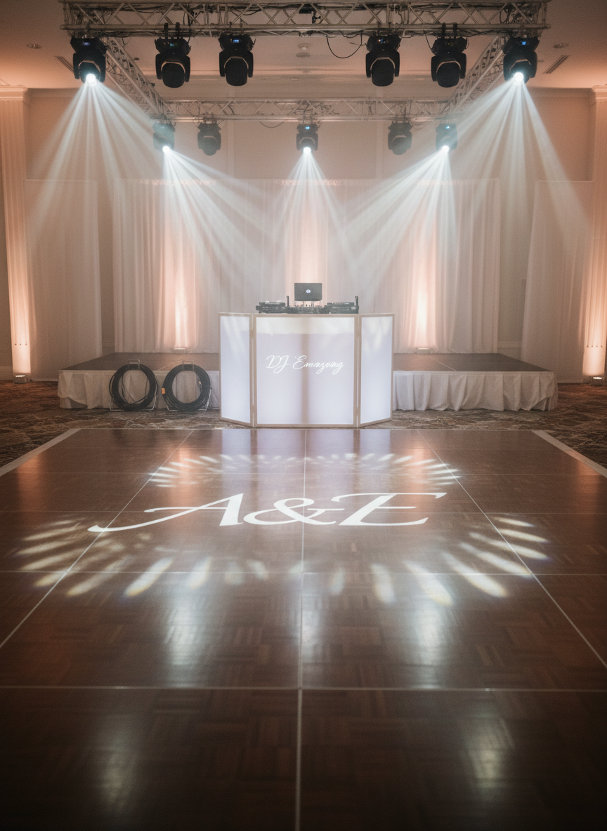 A meticulously arranged wedding dance floor in a sophisticated SoCal venue, with polished wooden flooring, subtle gobo light patterns projecting the couple’s initials, and intelligent moving lights casting soft beams in pastel colors through a light haze. In the foreground, a minimalist white DJ facade with a discreet “DJ Emmazing” logo glows softly. The background shows an elegantly lit stage riser and neatly coiled cables, all in pristine condition. Warm, controlled lighting creates an upscale, cinematic feel. Photographic realism, captured from a slightly elevated angle with sharp focus throughout, conveying a professional, organized, and modern wedding DJ production environment.