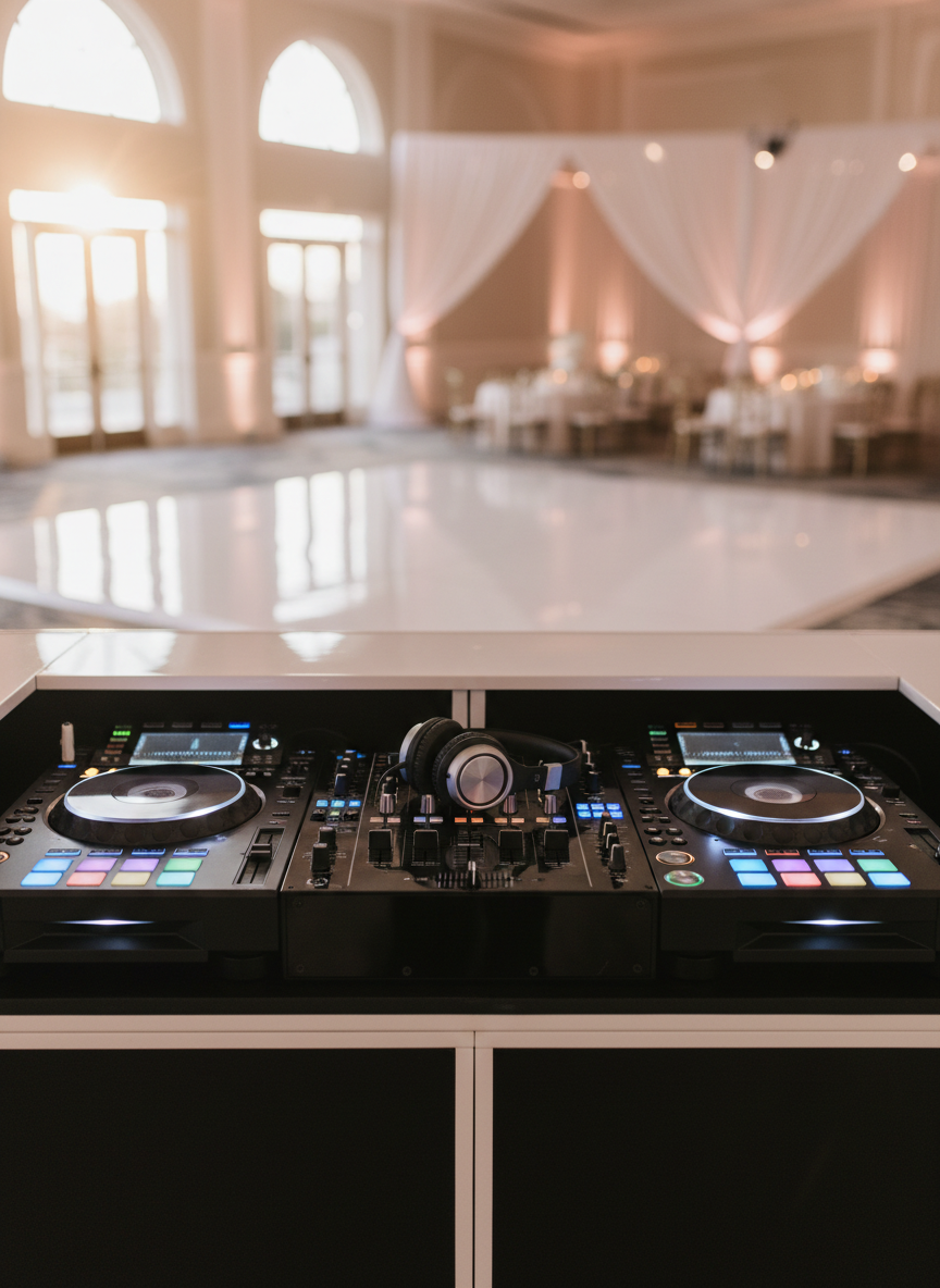 A sleek, professional DJ booth setup featuring a glossy black controller with glowing multicolored LED pads, twin turntables, and high-end headphones resting neatly on the mixer. The booth sits in front of a tastefully decorated wedding reception dance floor, with elegant white draping and soft uplighting in champagne and blush tones blurred in the background. Warm, diffused golden hour lighting filters through large windows, casting gentle reflections on the equipment. Photographic realism, shot at eye level with a shallow depth of field, emphasizing the meticulous, modern gear. The mood is polished, anticipatory, and celebratory, conveying a high-end Southern California wedding atmosphere without any visible people.